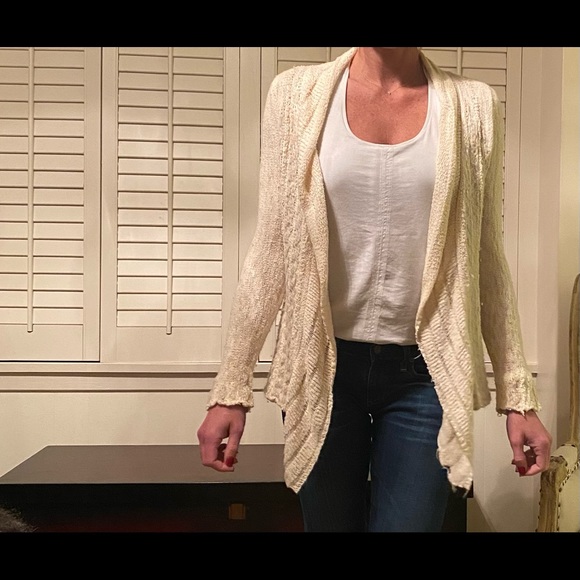 Anthropologie cream and blue braided cardigan sweater - Picture 3 of 13